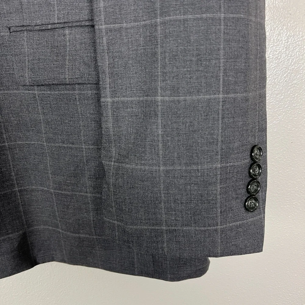 Jos A Bank Executive Sport Coat Suit Jacket Men 46R Gray Windowpane Wool Classic